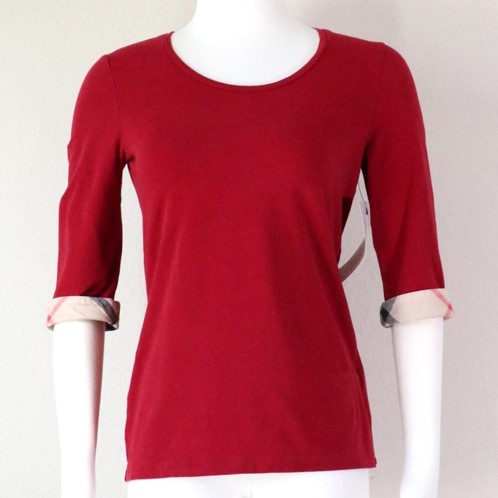 Red Burberry Nova Check Three-Quarter Sleeve Top